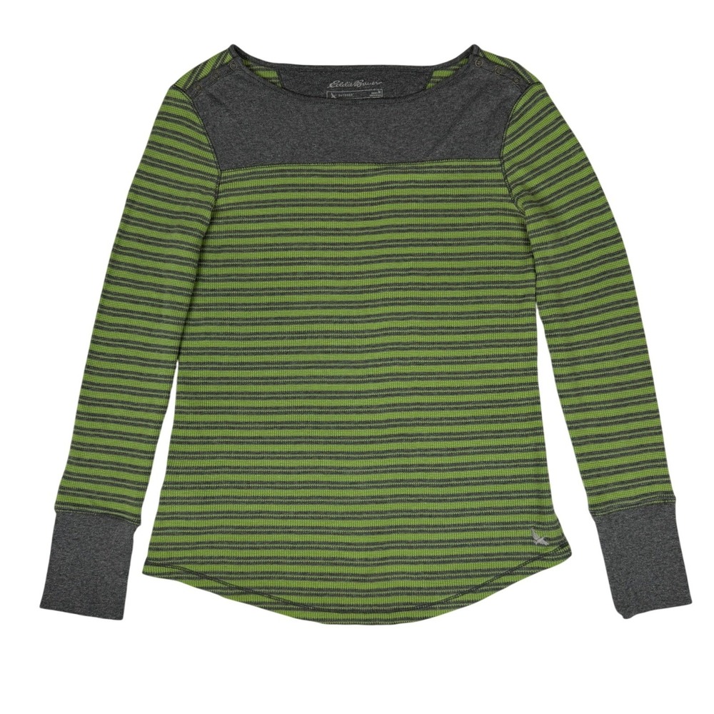 Eddie Bauer Thermal Top Waffle Knit Striped M Green Grey Long Sleeve Boat Neck